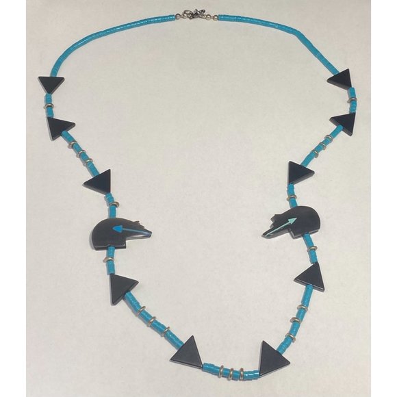 Native American Zuni Fetish Necklace Turquoise Beaded Geometric Onyx Bears